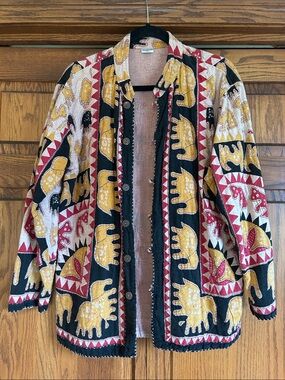 Bohemian Elephant Patchwork Jacket - Mustard/Black/Red